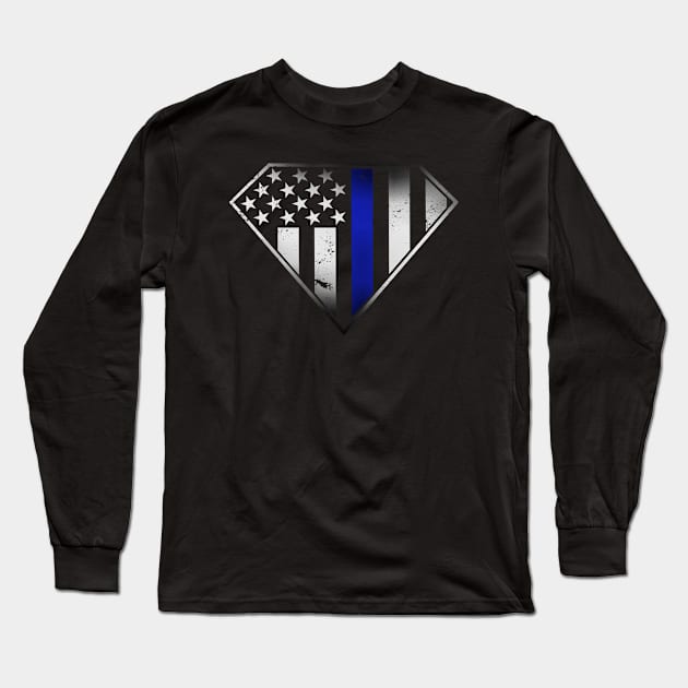 Blue Thin Line Police - Super Police Patriot Shield - Patriotic - American Flag Shield - USA Flag Blue Line Shield Long Sleeve T-Shirt by DazzlingApparel